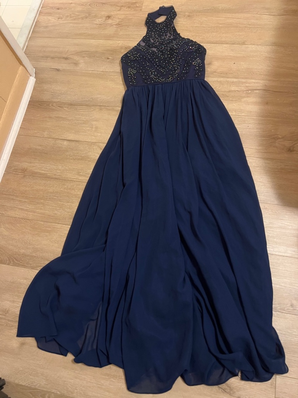 Elegant Navy Halter Evening Gown with Beaded Bodice